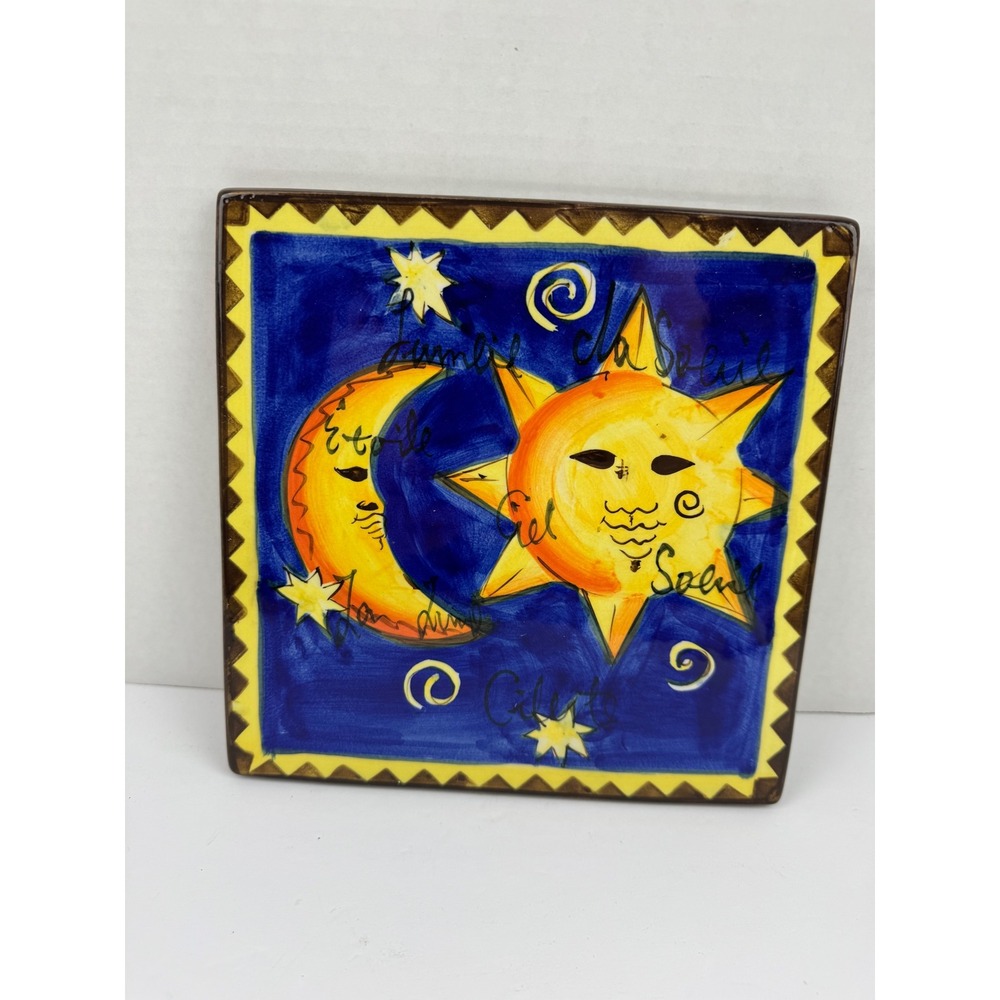 HausenWare Celestial Sun Moon Ceramic Wall Plaque 8x8 Blue Yellow Star Tile